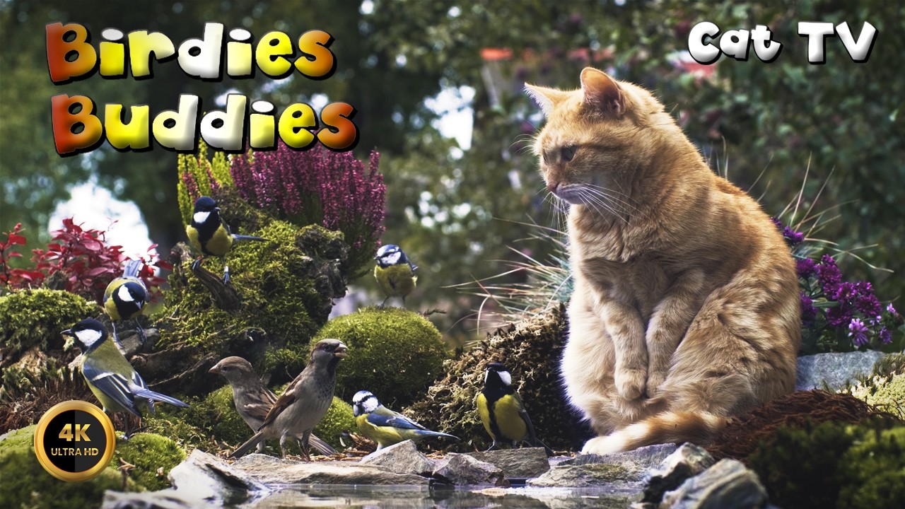 Cat TV for cats to watch 🐈 -  My Cat On The Garden Feeder 🦜🌿 (4K)