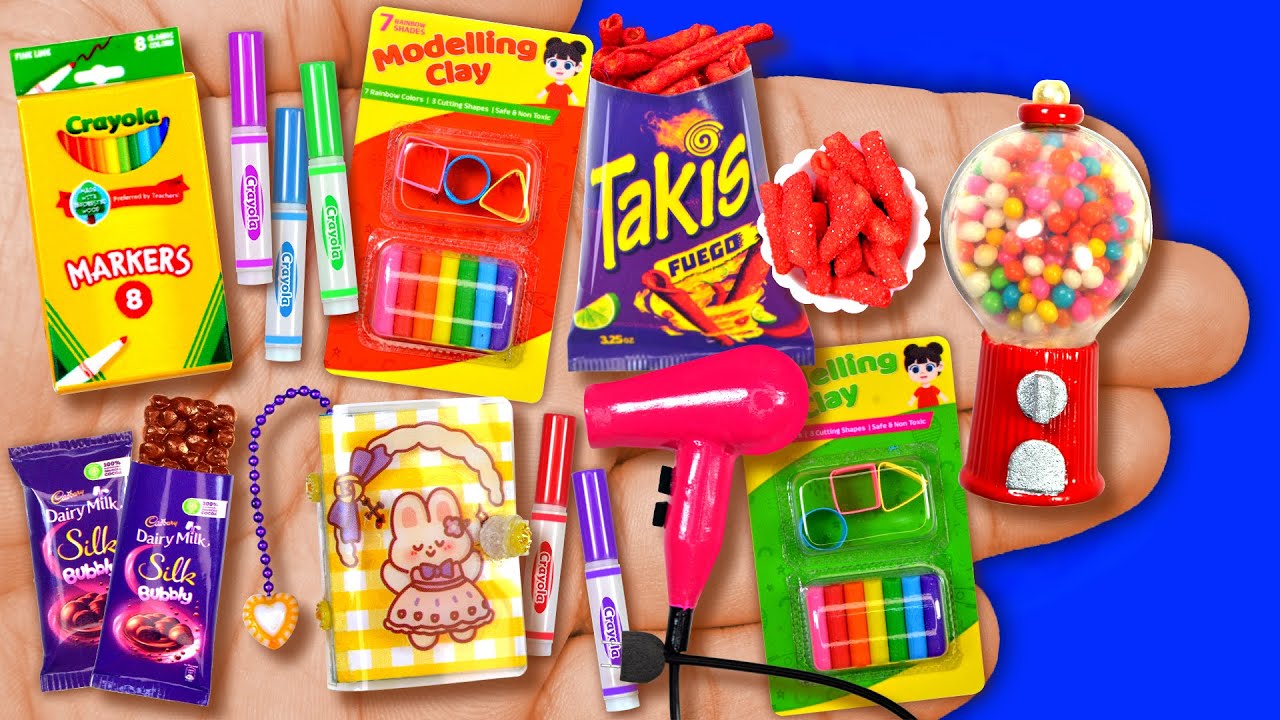 13 DIY Doll Miniatures for Barbie, Mini Foods Crafts Clay, Gumball Crayola Takis, Bubbly, Hair Dryer