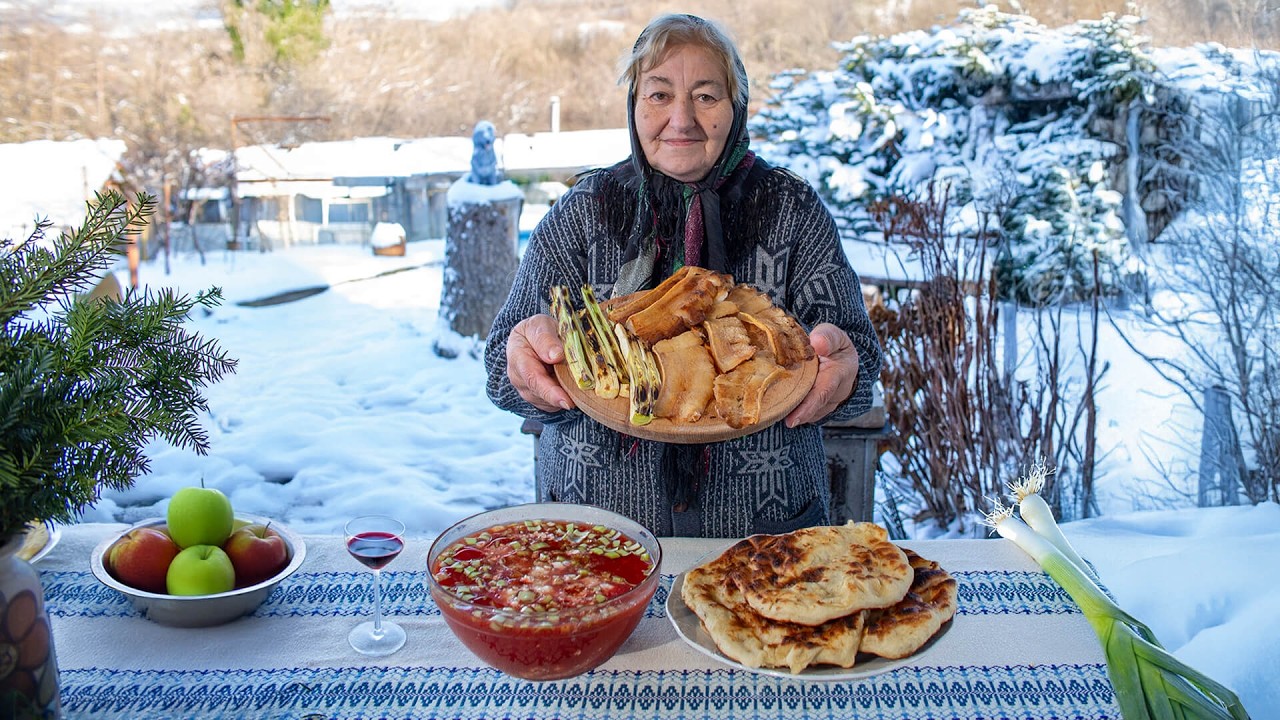 Grandma cooking village comfort food on a snowy winter day ❄️🔥