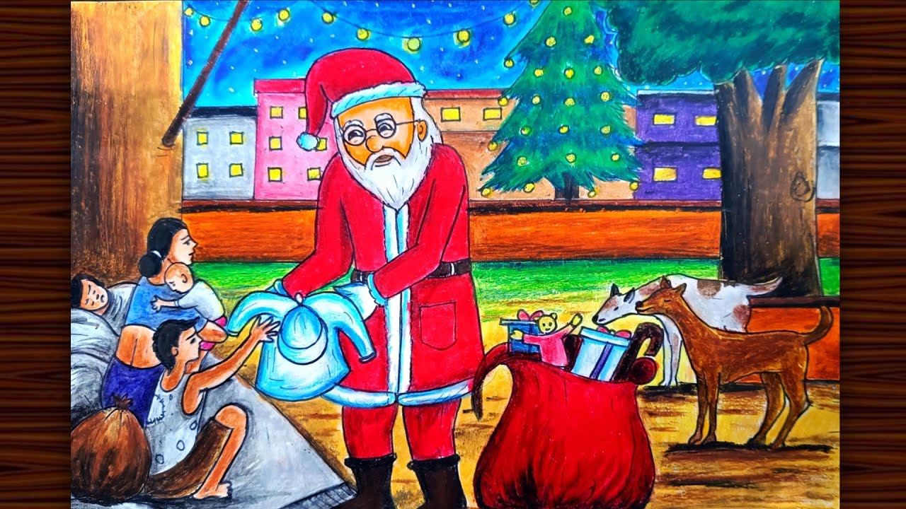 Merry Christmas drawing easy/ Santa Claus drawing easy step by step/Christmas Day scenery drawing 