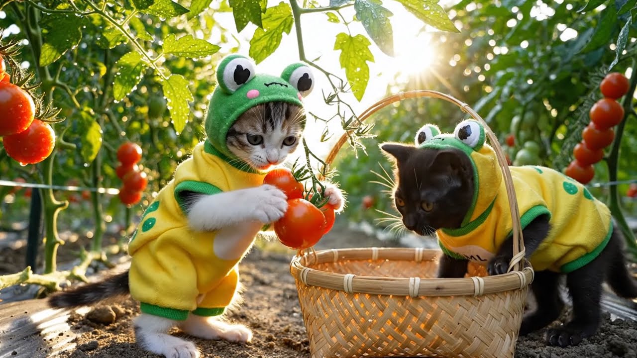 🍅Black kitten + Calico cat –Harvesting tomatoes and helping with warm meals in winter -Relaxing ASMR
