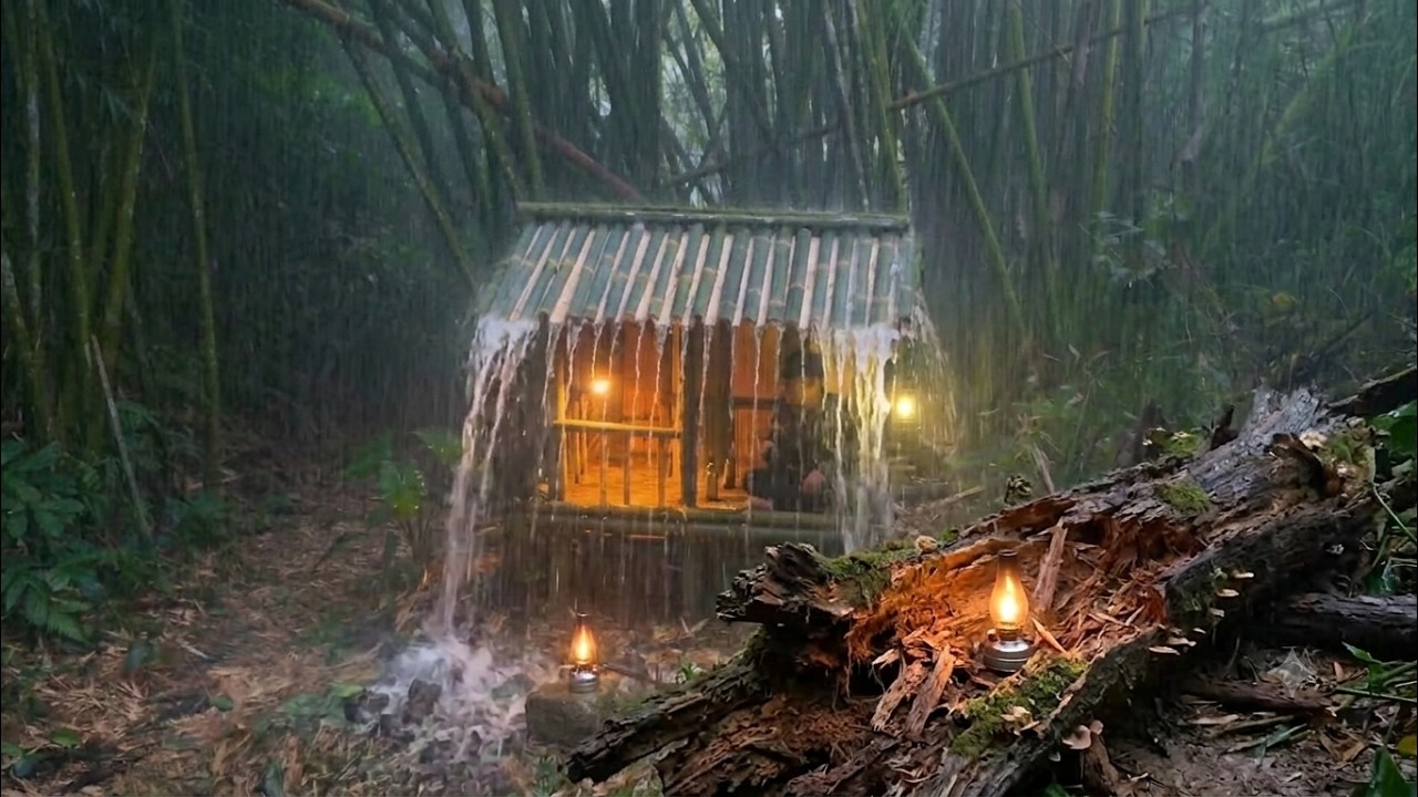 ​3 Days Solo Bushcraft Building a Bamboo House to Survive Heavy Rain and Thunderstorms