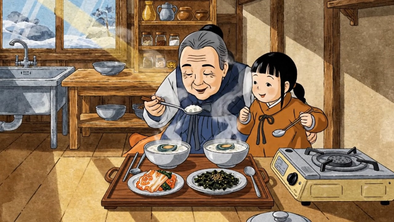 cozy winter with my grandma - cooking asmr abalone porridge, quick radish kimchi, ghibli studio vibe