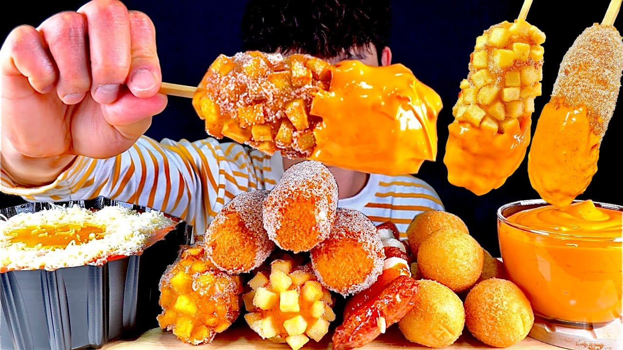 ASMR 눈꽃치즈떡볶이와 명랑핫도그 통모짜감자핫도그 고구마핫도그 소떡소떡 치즈볼 먹방~!! Cheese Tteokbokki With Crispy Corn Dog MuKBang~!!