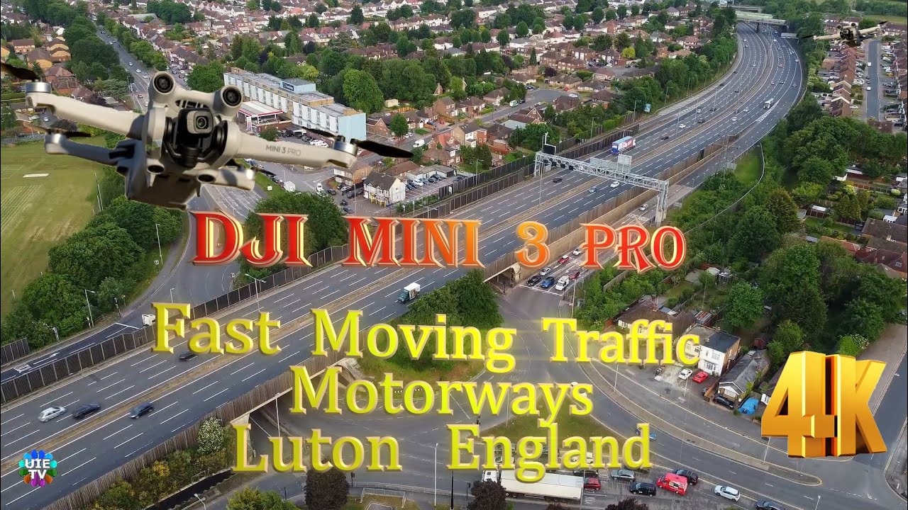 Fast Moving Traffic on British Motorways, Aerial view of M1 J11 Luton England, DJi Mini 3 Pro 4k Cam