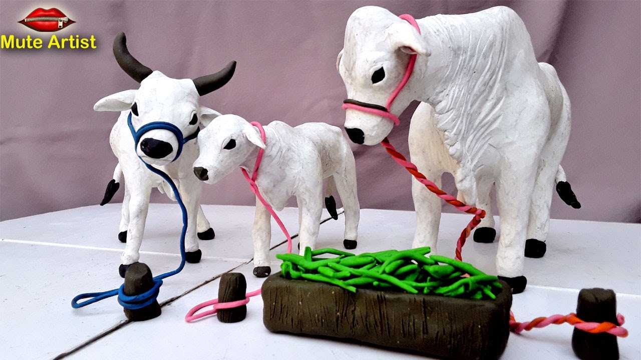 Sculpting clay: Making Cow Family with clay | Clay Animals Art | Making Cow Family With Clay |