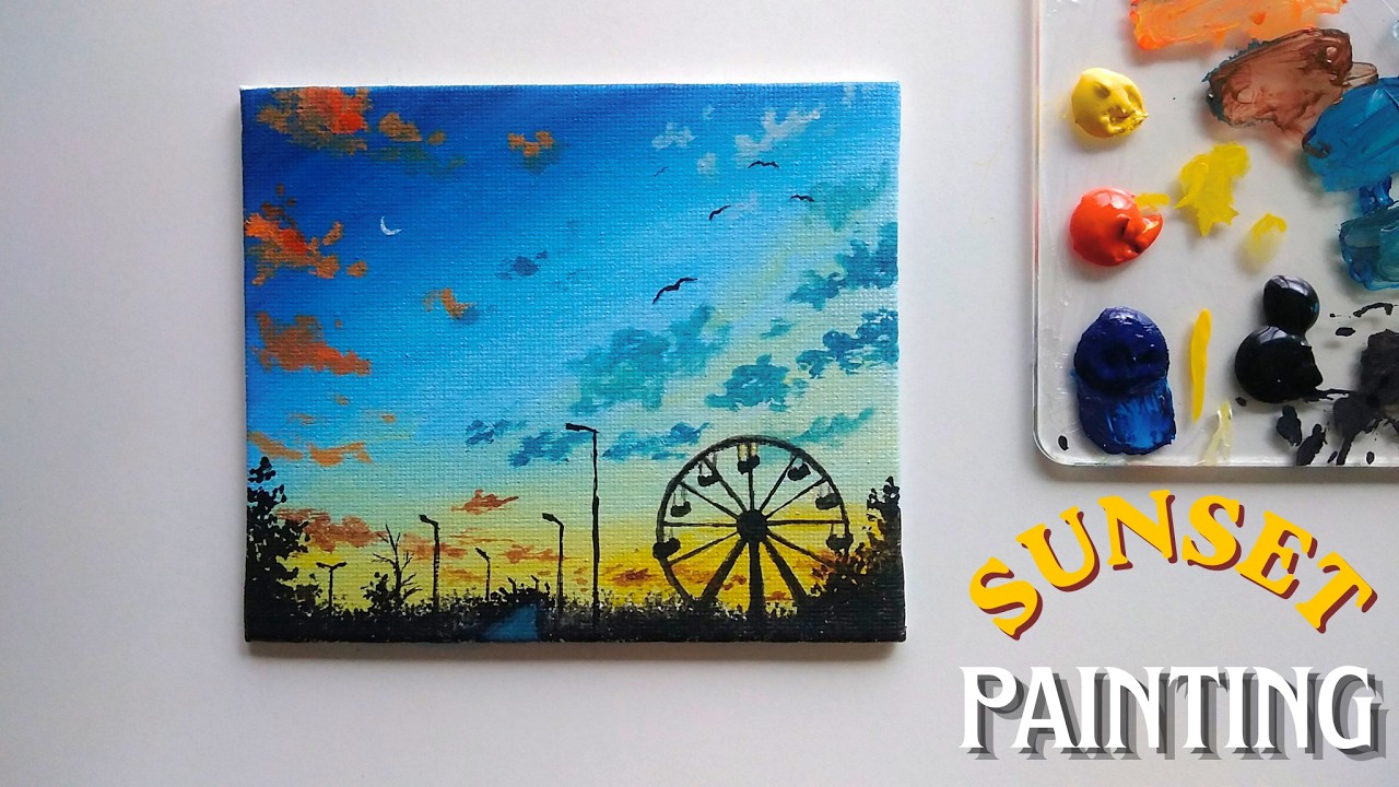 Cloudy Sunset Landscape Painting on Canvas with Acrylics - Sunset Painting Tutorial for Beginners