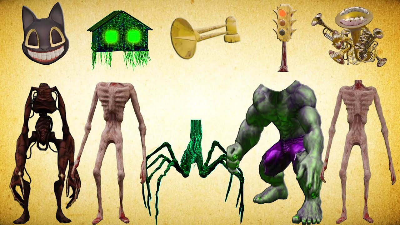 WRONG HEADS CARTOON CAT HULK, HOUSE HEAD, SIREN HEAD ACA HURRICANE, TRAFFIK, SIREN EHAD BRASS