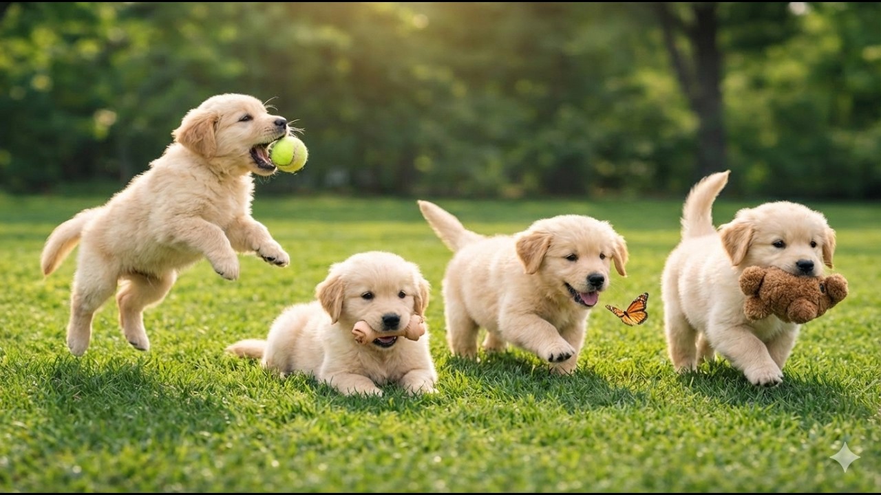 Cute puppies playing with toys on the green grass - Dog sounds - Dog videos