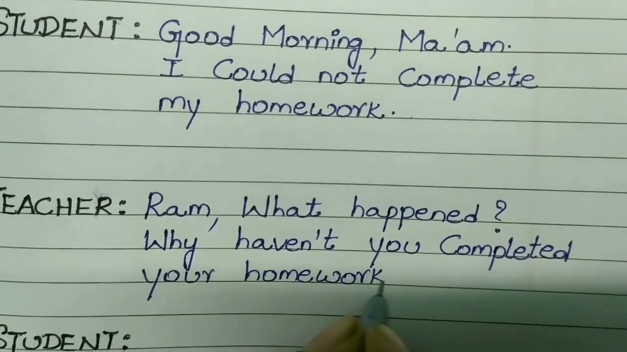 conversation between a student and a teacher about homework in English.