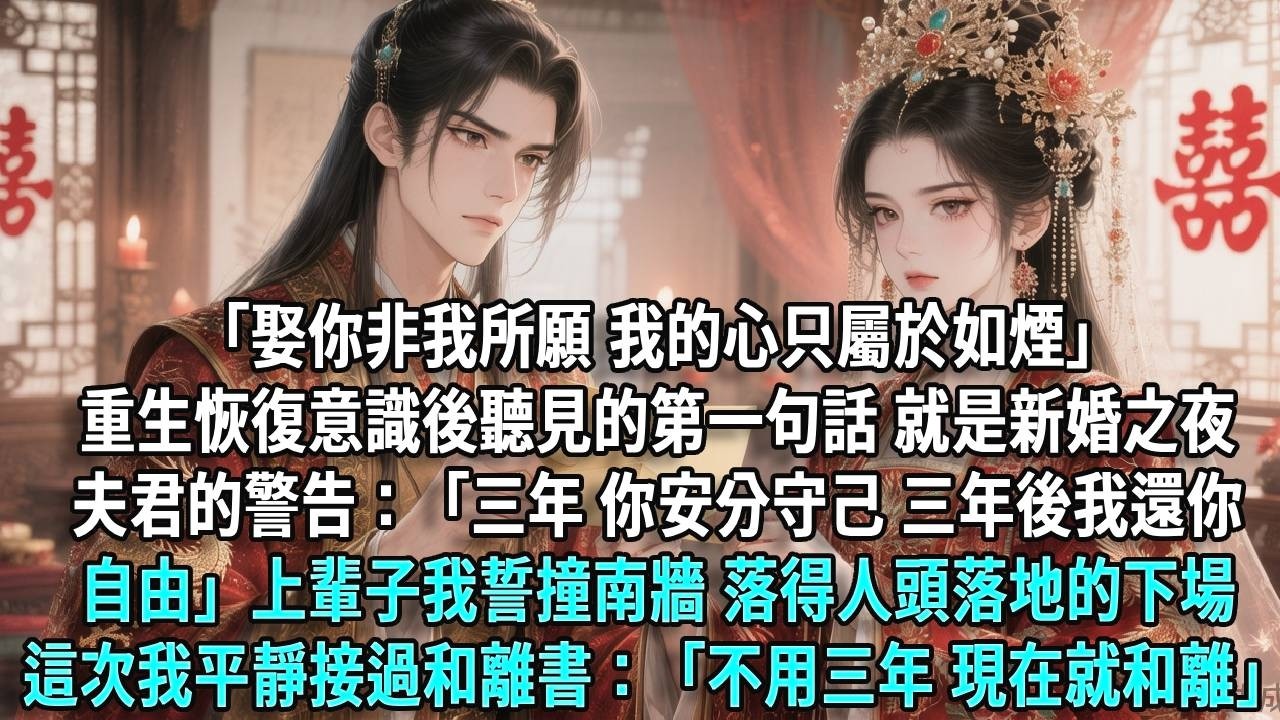 「娶你非我所願，我的心只屬於如煙。」重生恢復意識後，聽見的第一句話，就是新婚之夜夫君的警告：「三年，你安分守己，三年後，我還你自由。」上輩子我誓撞南牆，落得人頭落地的下場，這次我平靜接過和離書