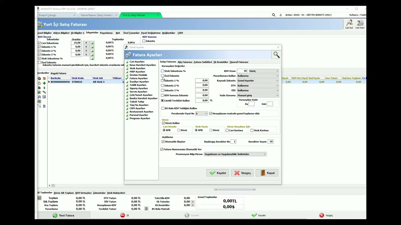 AKINSOFT WOLVOX ERP - Fatura İşlemleri - Fatura Sayfası |  İskontolar Sekmesi Kullanımı