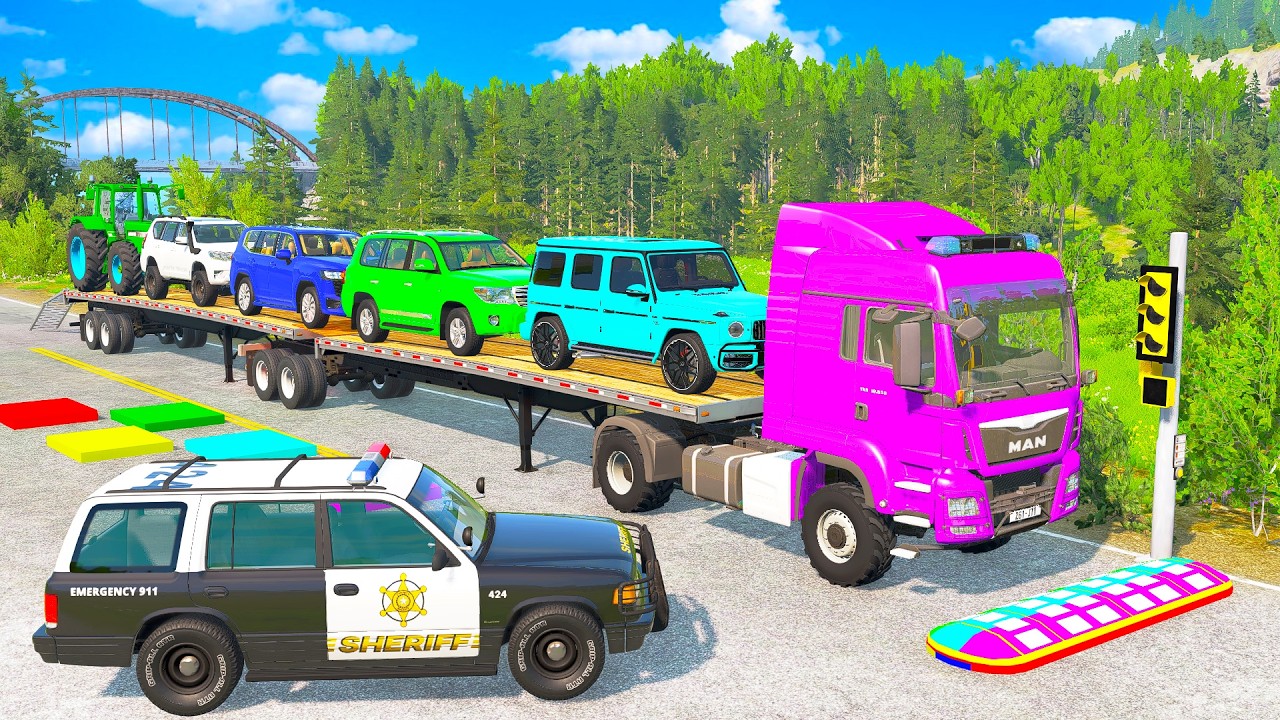 TRANSPORTING PIXAR CARS & FRUITS WITH COLORED & JOHN DEERE vs TRACTORS - BeamNG.drive #983
