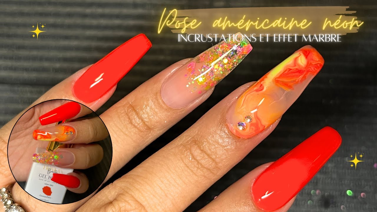 Pose américaine Néon 🍊⎜Incrustations paillettes et nailart marbre