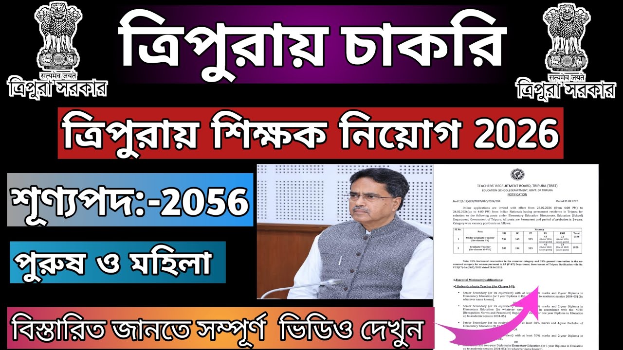 ত্রিপুরা সরকারের বিশাল নিয়োগ 2026 শূন্যপদ:-2,056 TRBT TET-1 & TET-2 Notification 2026