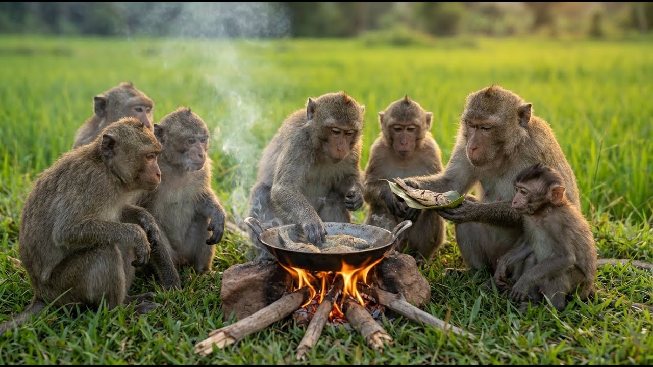 Monkeys Cook Fish in the Wild and Share It with the Hungry