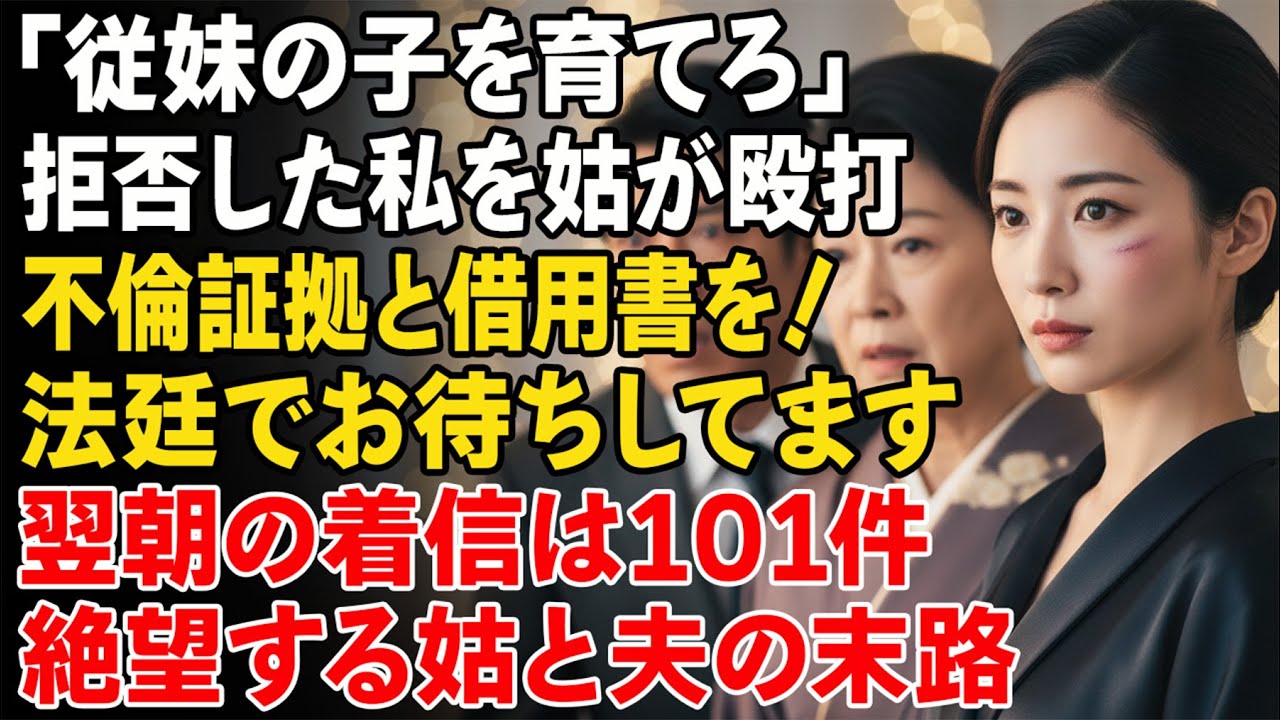従妹の子を育てろと拒んだ瞬間、姑に殴られ顔が青あざに。私は借用書と夫の不倫写真を差し出し一言——「法廷でお待ちします」。翌朝、着信は101件だった。