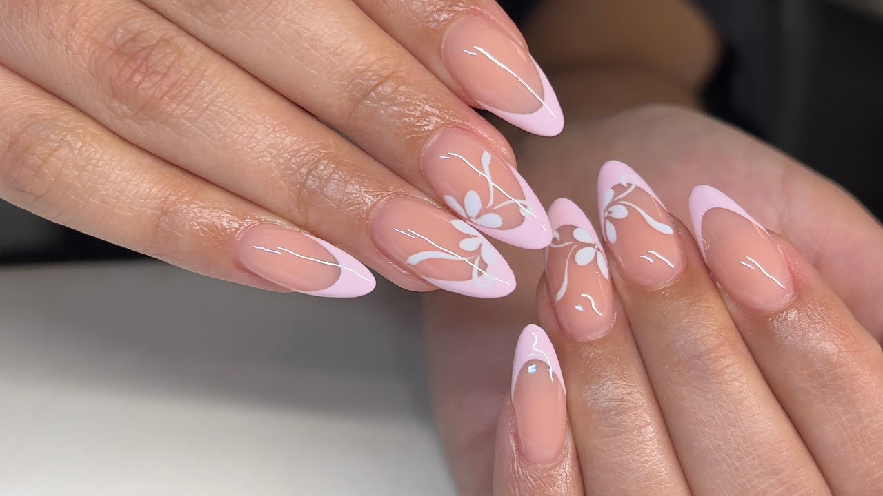 Light Pink French Tips & Flower Nail Art Acrylic Nails Tutorial 