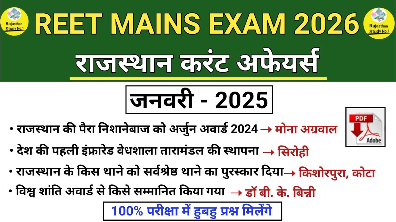 REET MAINS EXAM 2026 l January 2025 Rajasthan Current Affairs l Monthly Current Affairs l #reetma...