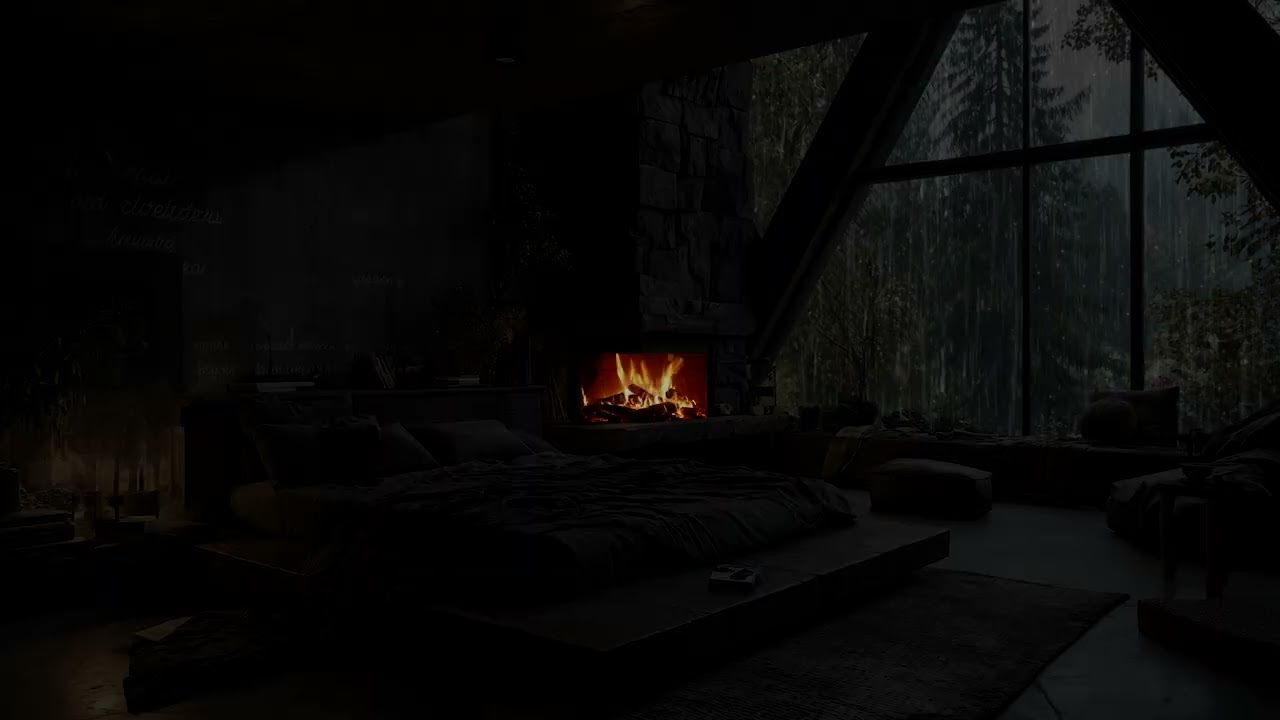 Deep Night Rain in a Remote Woodland Cabin | Warm Fireplace Indoors Ambience Natural Rain Sounds
