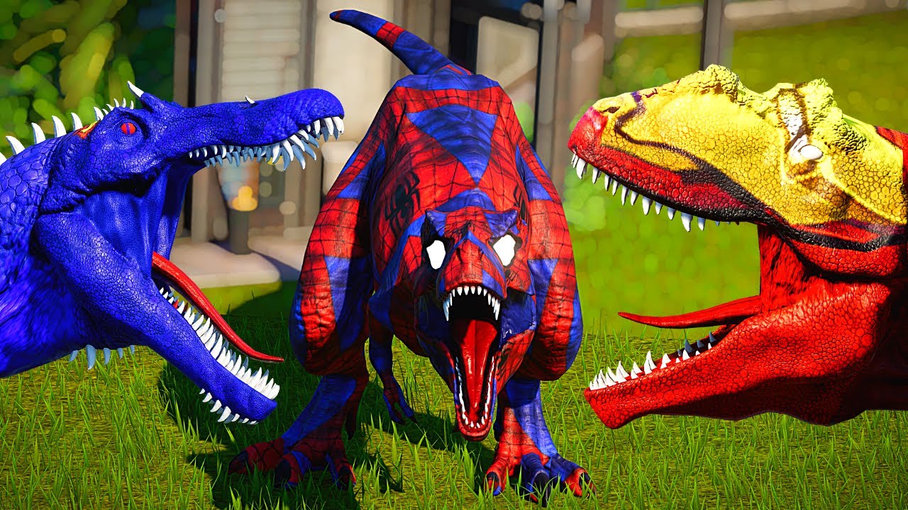 Spiderman Tyrannosaurus Rex, Superman Spinosaurus, Batman Dinosaurs Fight - Jurassic World Evolution