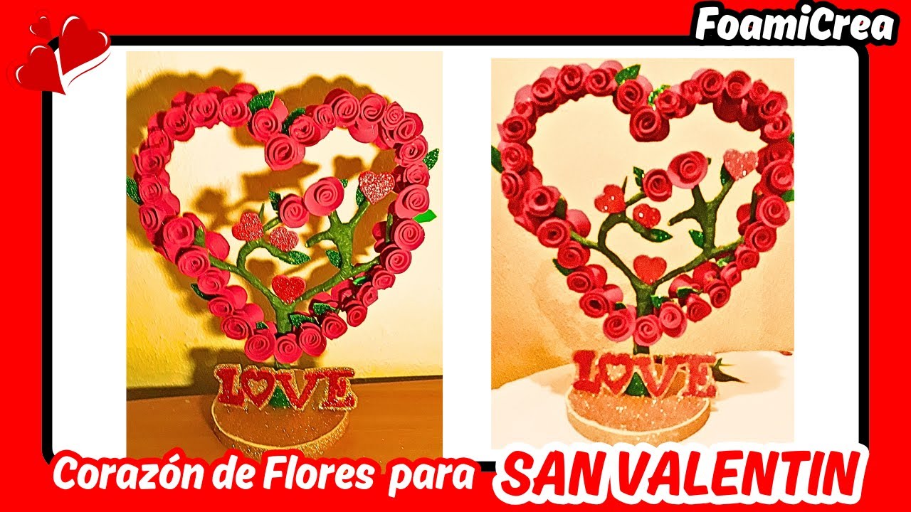 Árbol de rosas en forma de corazón para regalo de San Valentín o 14 de Febrero - Decoración en foami