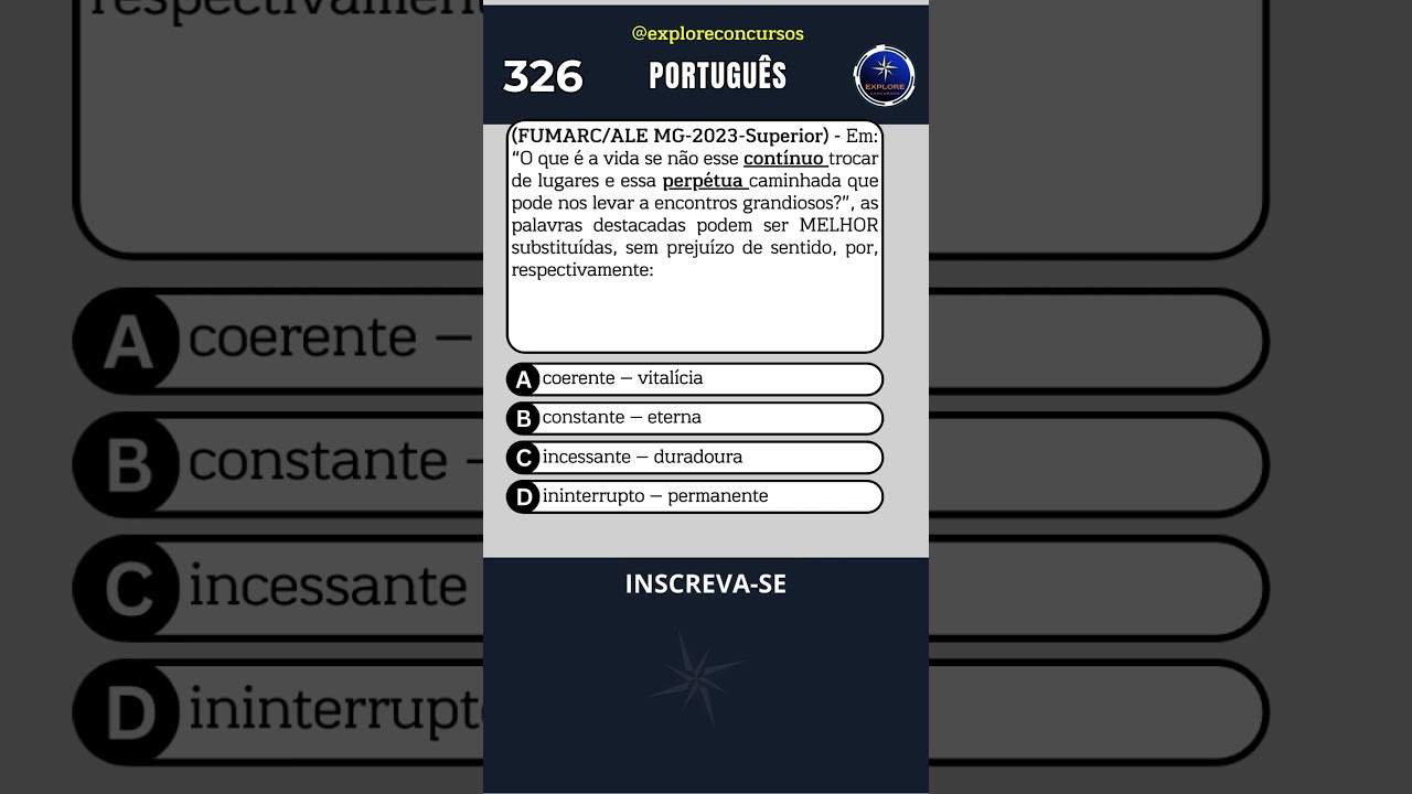 📘 QUIZ PORTUGUÊS N 326 - QUESTÃO DE CONCURSO DA BANCA FUMARC. 