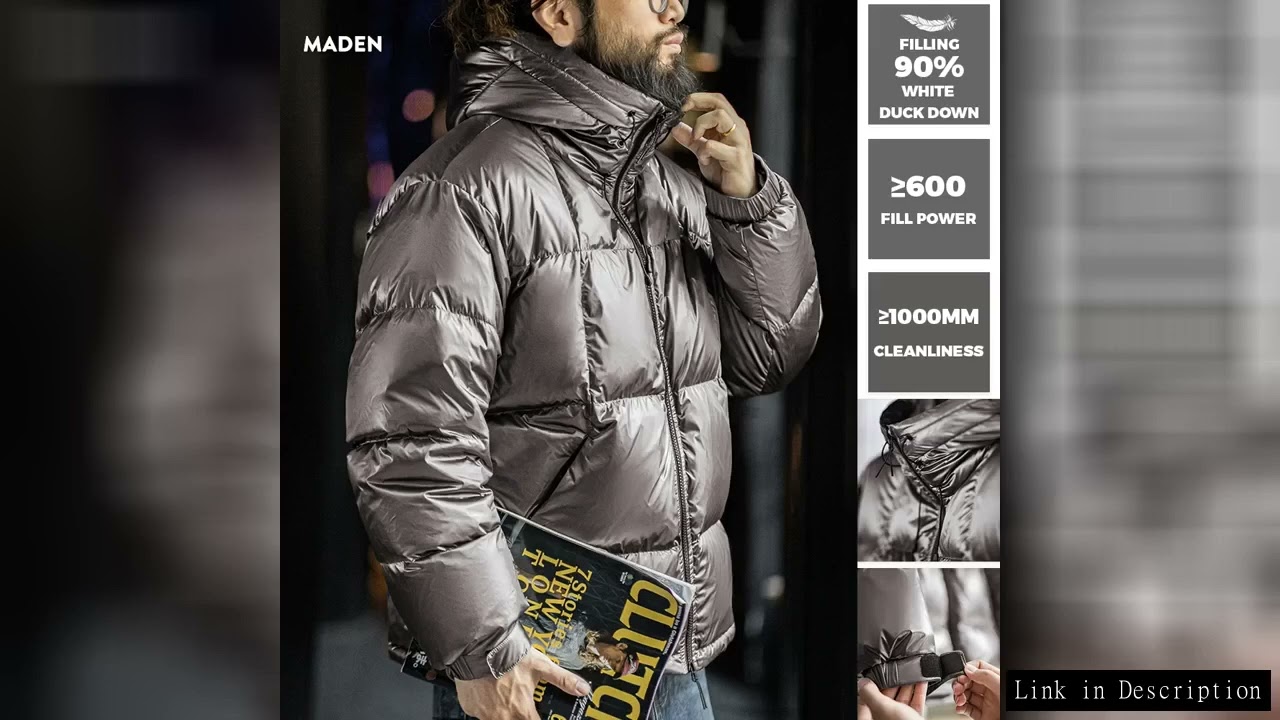 Maden Casual Glossy Hooded  90% White Duck Down Jacket Warm Stand-up Collar Puffer for Men's Winter