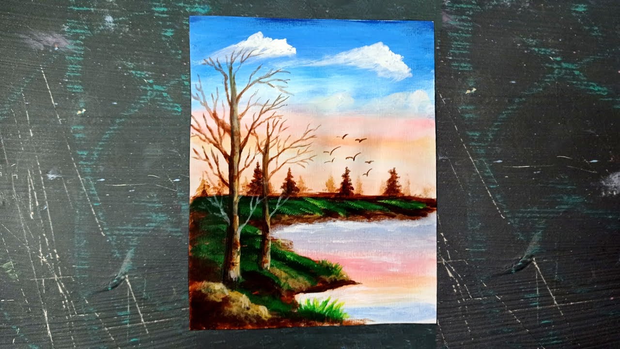 رسم منظر طبيعي بألوان الأكريليك تعلم رسم منظر طبيعي سهل