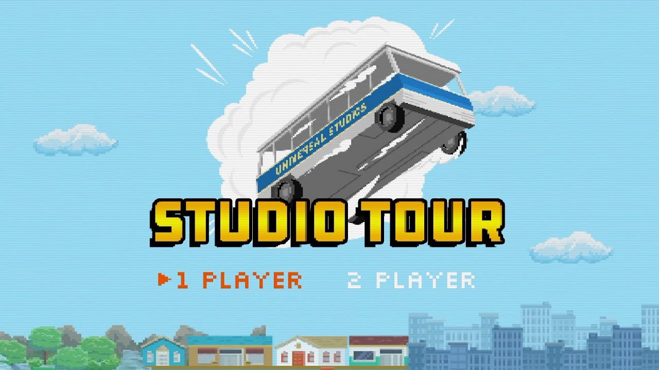 Universal Studios Hollywood 8-bit styled animations Jurassic Park WaterWorld Studio Tour