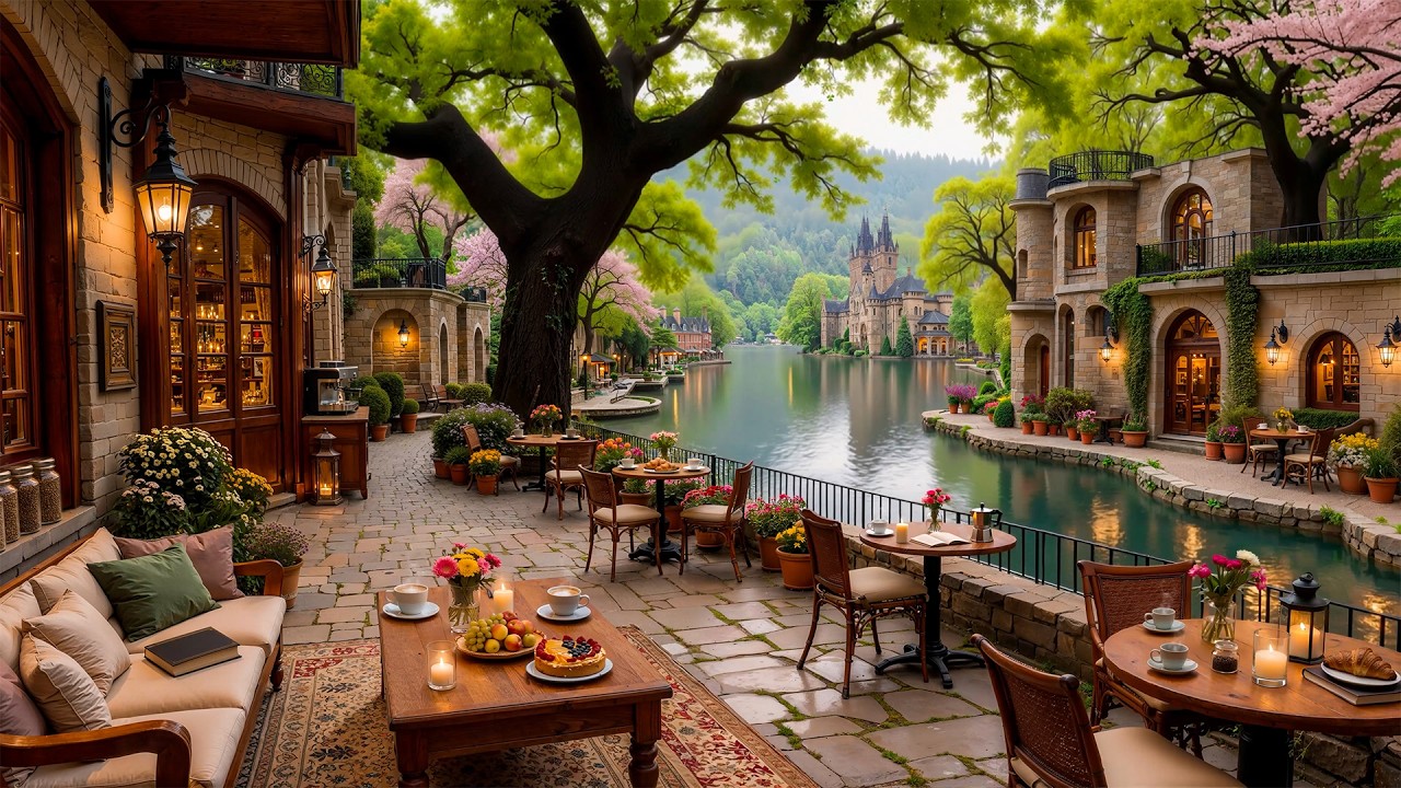 Coffee Shop Jazz 🌸 Calm Spring Morning at Cozy Riverside Garden Caf&eacute; | Jazz Instrumental Music