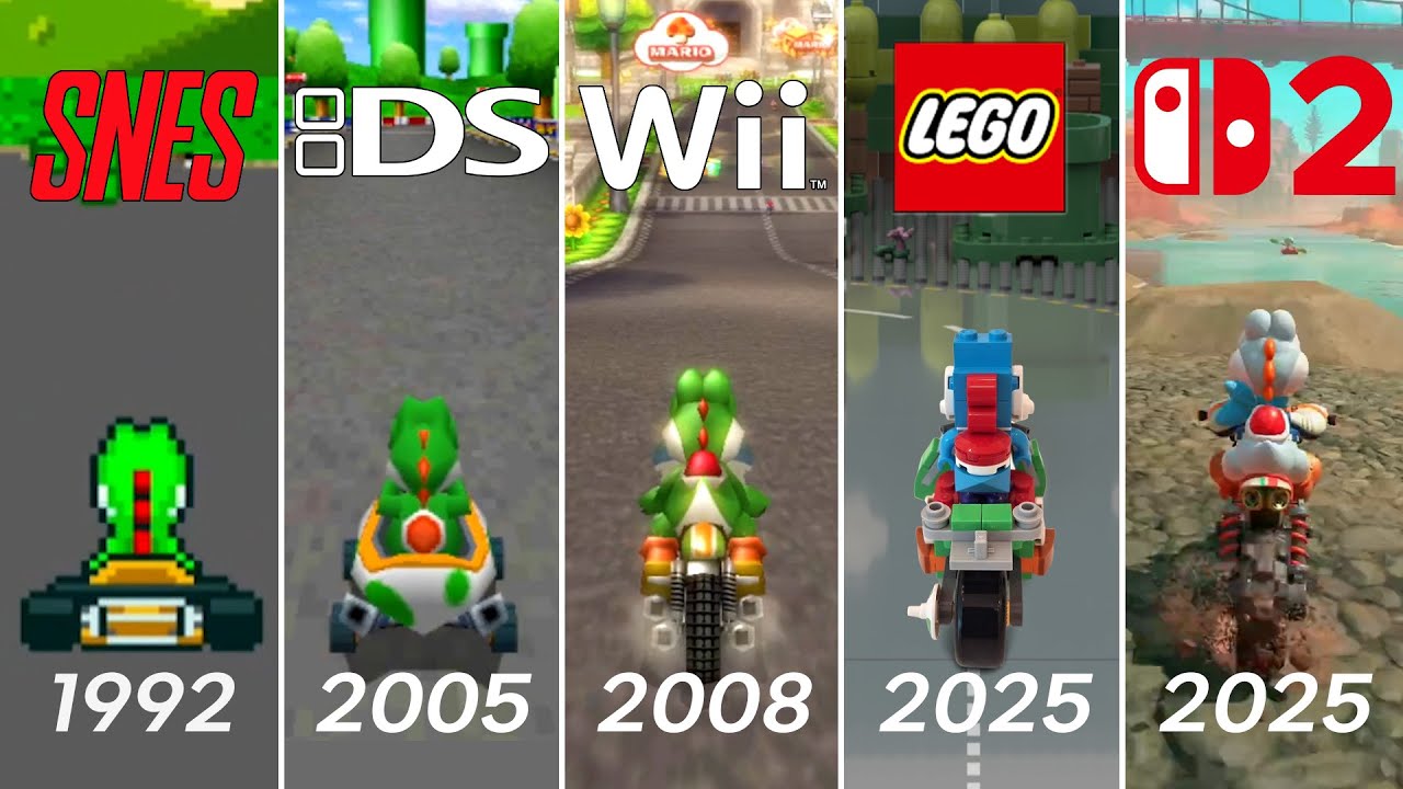 Evolution of Yoshi kart in super mario kart LEGO and Games nintendo switch 2 mario kart world