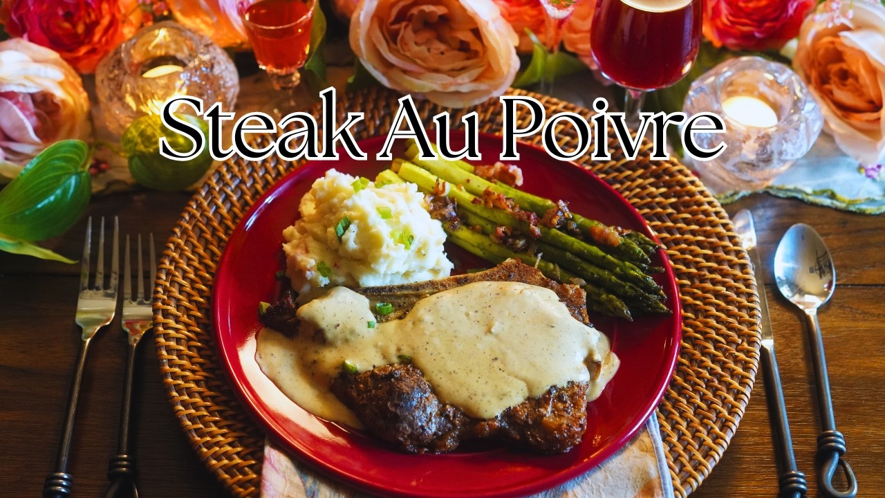 Make a Romantic Valentine’s Dinner at Home: Steak Au Poivre (Flambe pepper steak with Diane sauce).