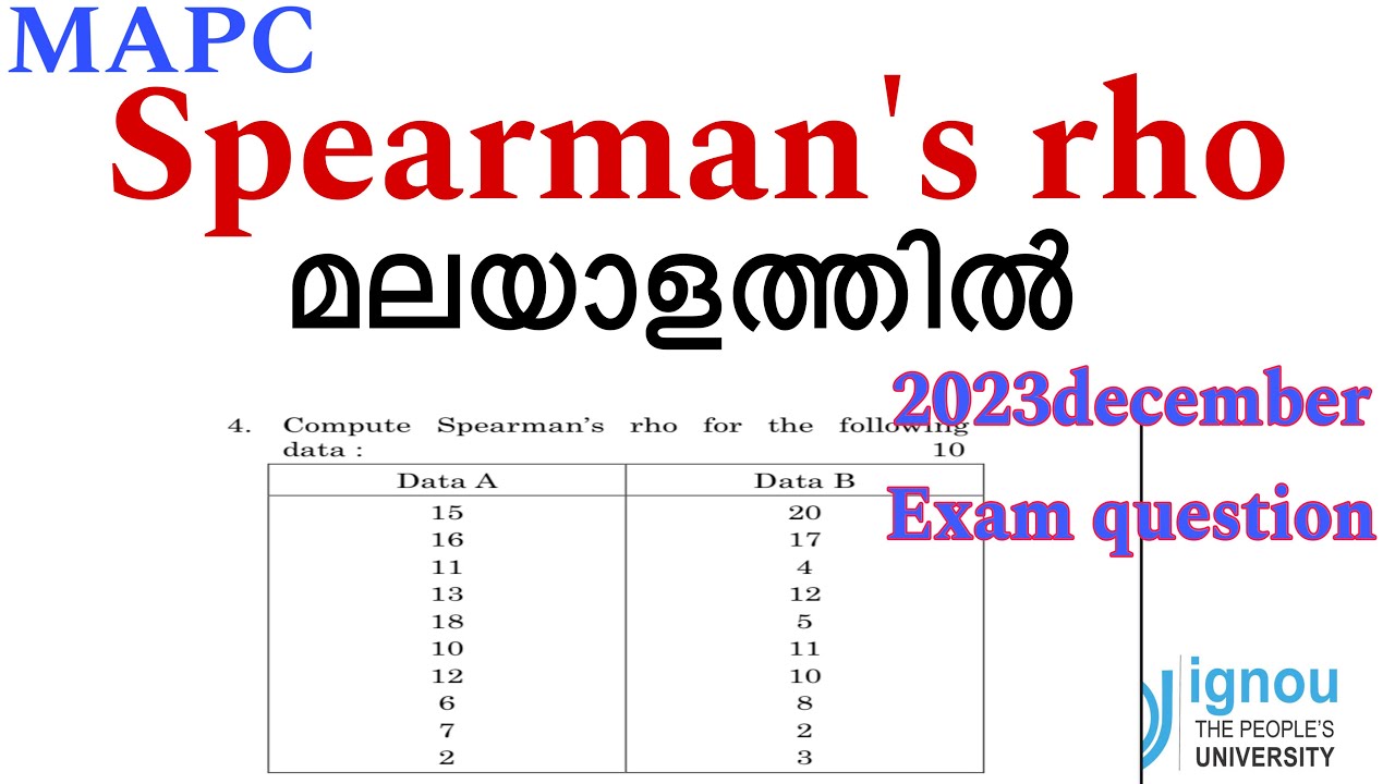 Ignou mpc 006 spearmans rho in malayalam//december 2024 mpc006 solved spearmans rho in malayalam