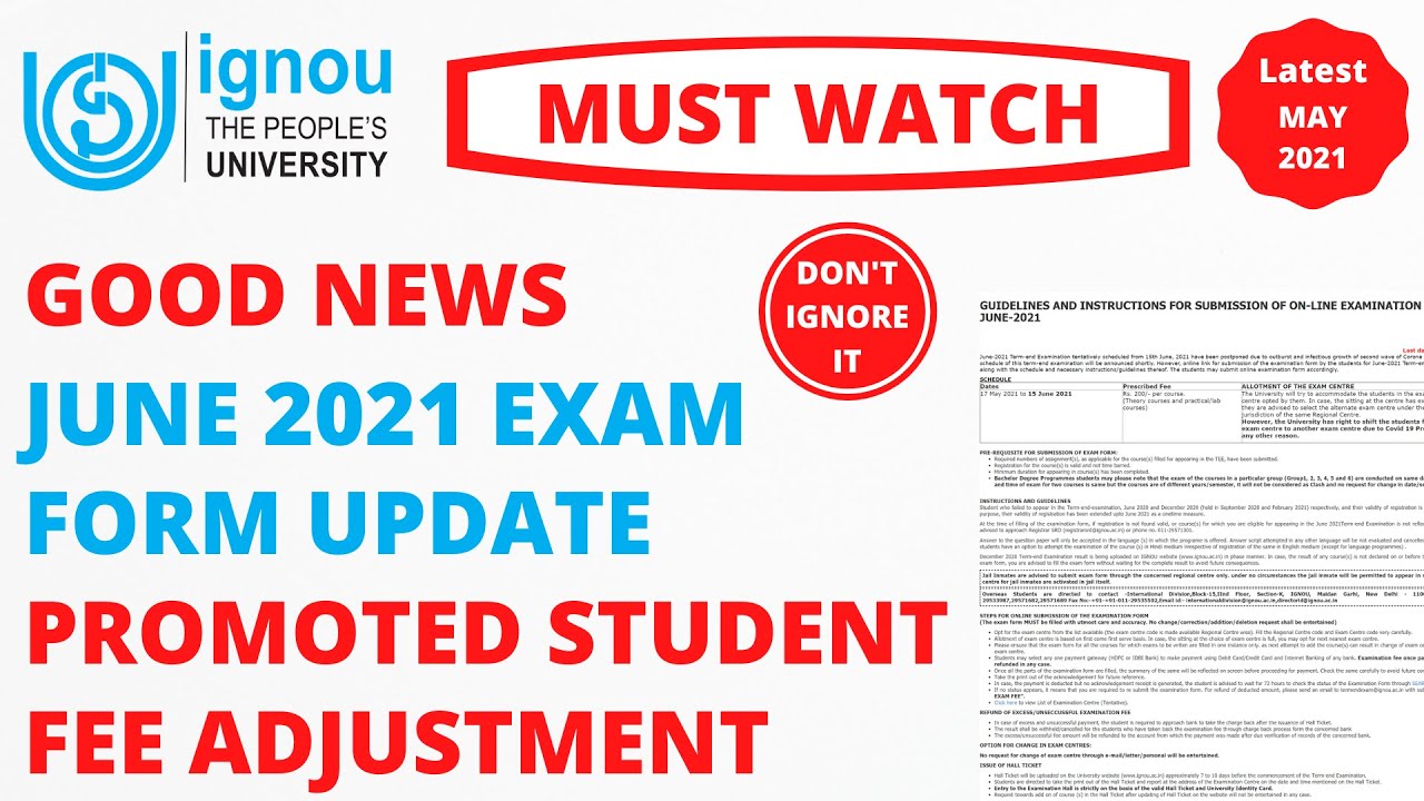 Big Change in IGNOU June 2021 Exam Form | GOOD NEWS | Promoted Student Fee Adjustment Update