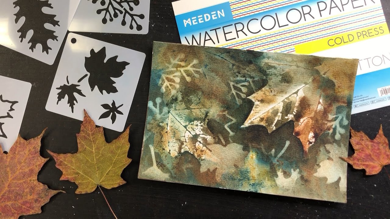 WATERCOLOR leaf stamping & reverse stenciling - 412