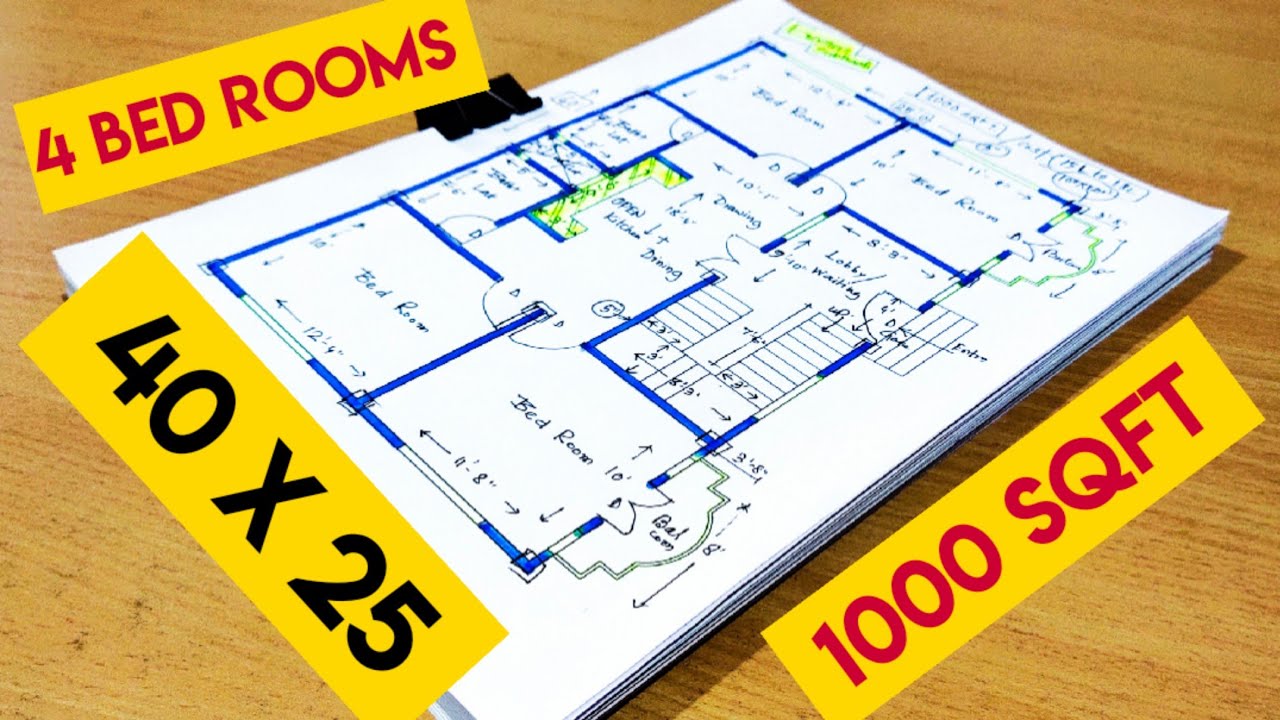 40 x 25 house plan with 4 bed rooms II 1000 sqft ghar ka naksha II 4 bhk house plan design