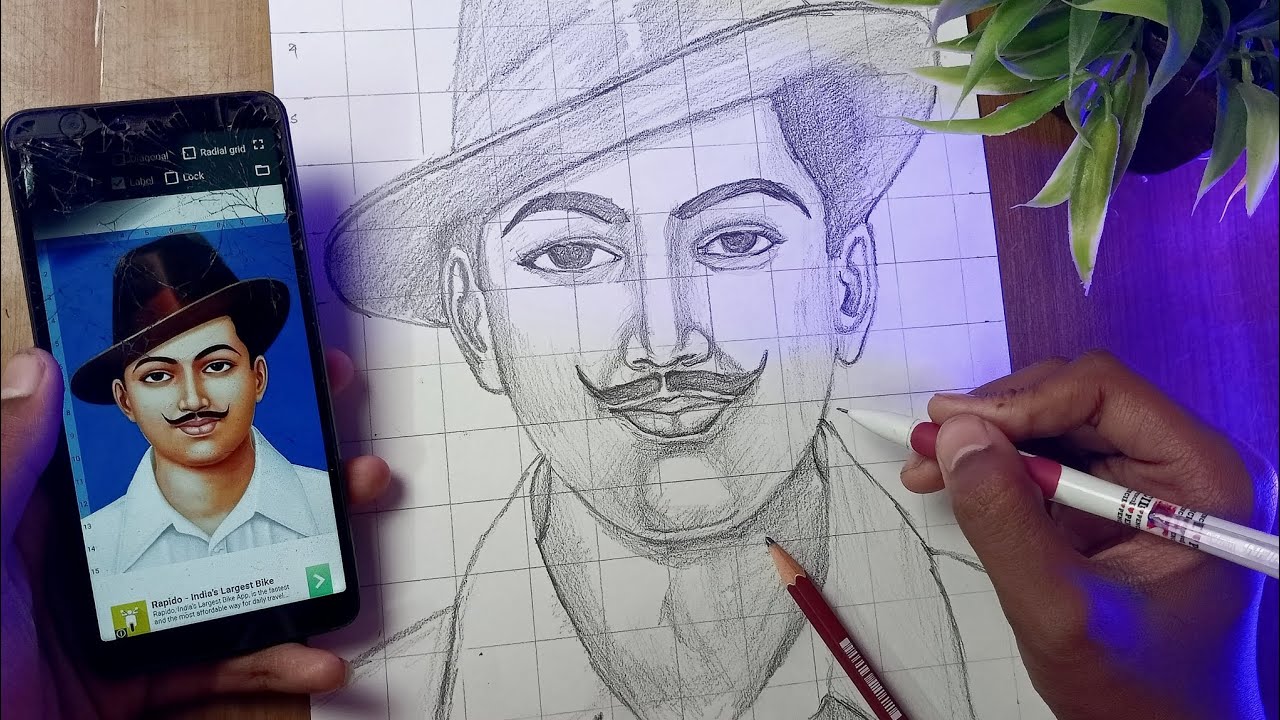 How to draw Bhagat Singh, Grid method, Step by step
