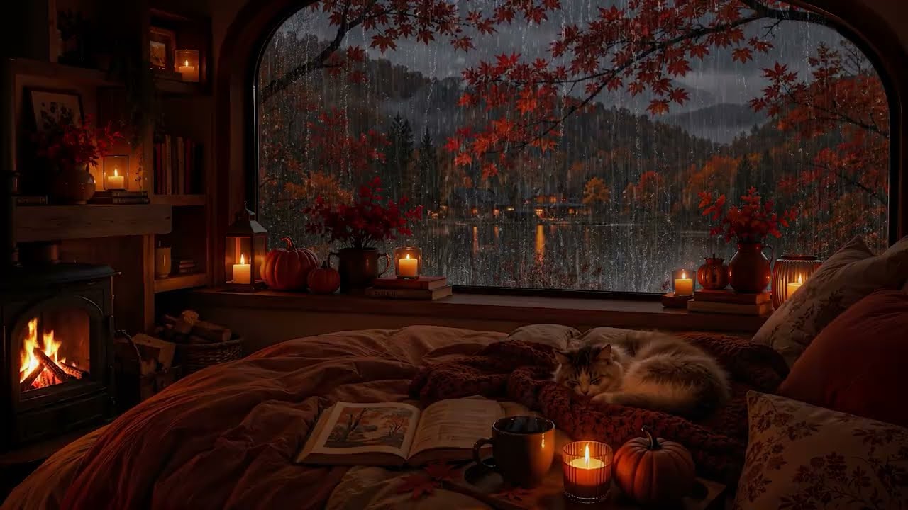 Brak reklam 🔥🌧️ Przytulne, deszczowe popołudnie | Deszcz na oknie i trzaskający ogień w kominku &ndash;
