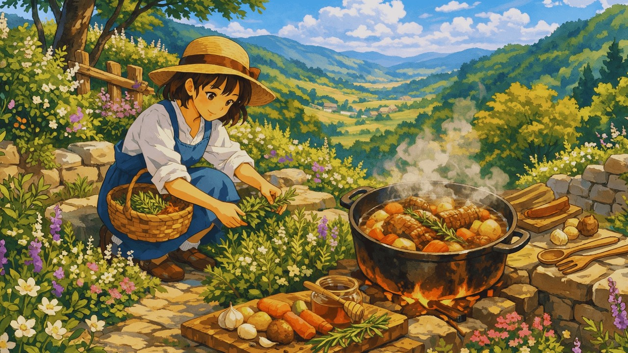 Ghibli-Style ASMR Cooking | Garden Herbs & Slow-Simmered Rosemary Lamb