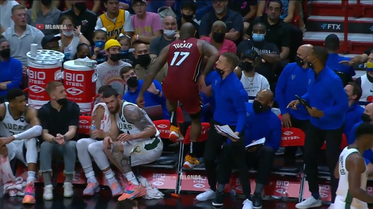 PJ Tucker diving at the Bucks bench | Heat vs Bucks | 2021-22 NBA Season