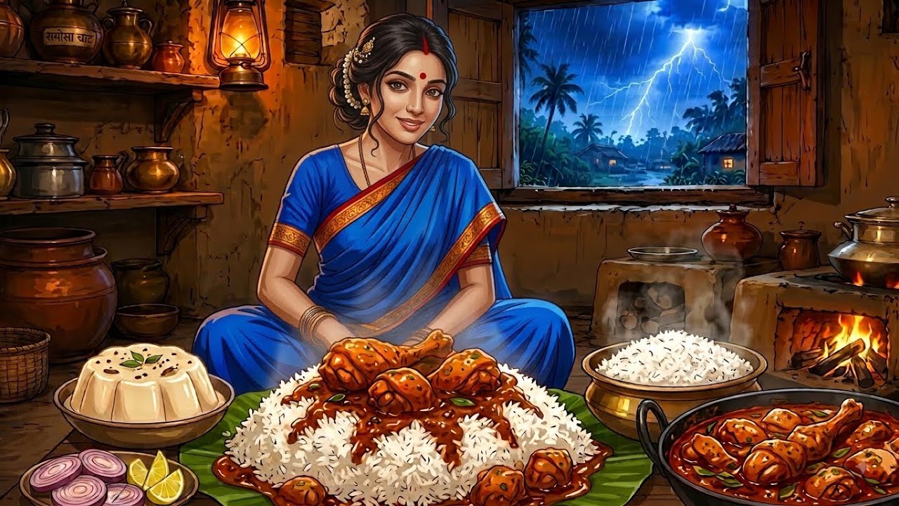 1990s Rainy Indian Village Life 🌧️ | Ghibli Village l Chicken Curry, Homemade Junnu & Cooking | ASMR