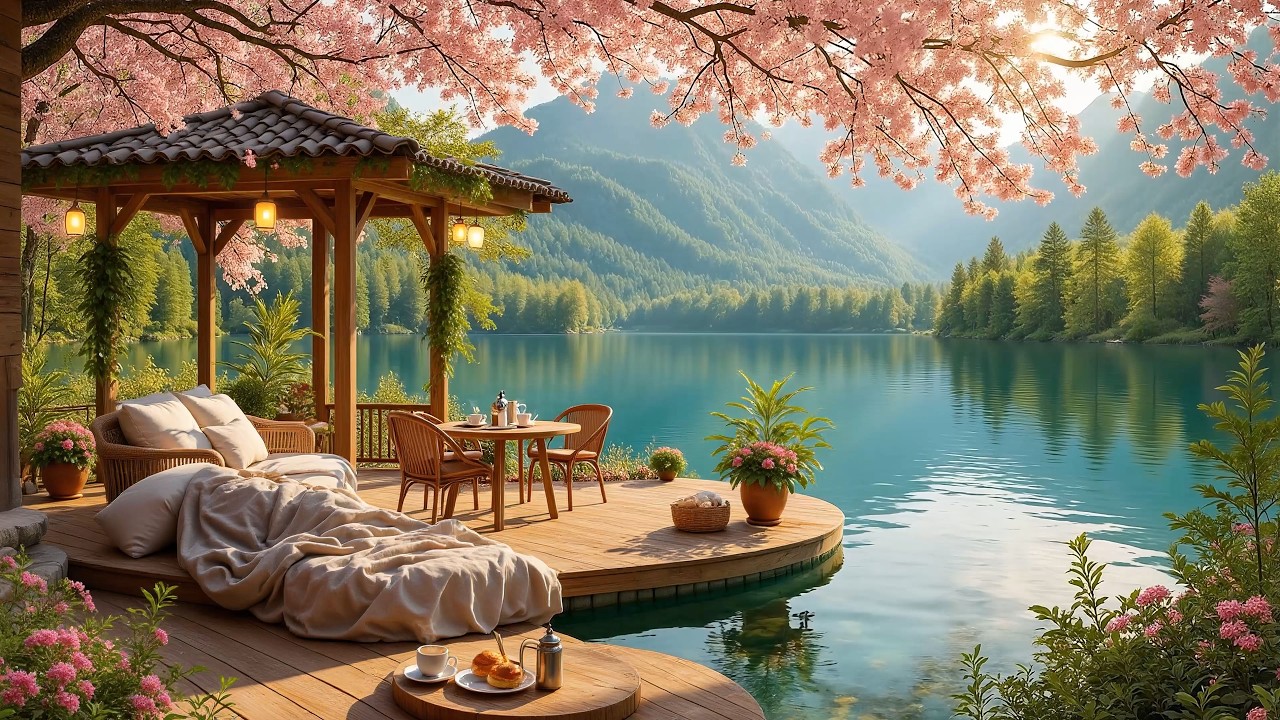 Spring Piano Cabin Vibes 💐🌳 Cozy Morning Wooden Patio Music for Relaxation, Bird Singing