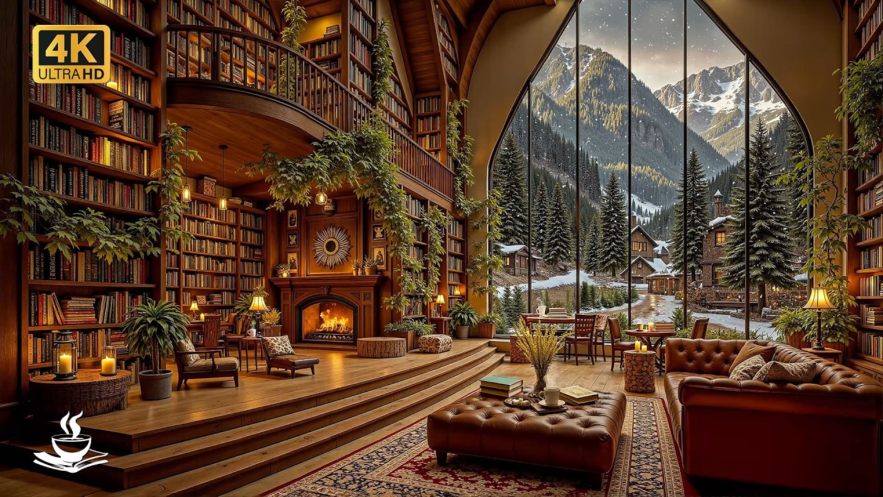 Snowy Village View Library Jazz with Warm Hearth | Deep Reading Sanctuary, Study Flow & Quiet Mind