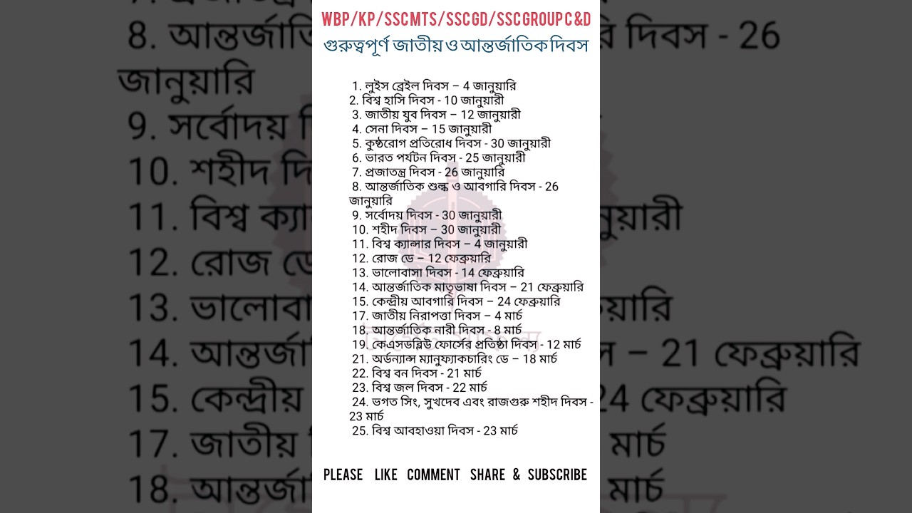 গুরুত্বপূর্ন জাতীয় ও আন্তর্জাতিক দিবস | SSC MTS| WBP | KP| target safolya| SSC group C & D