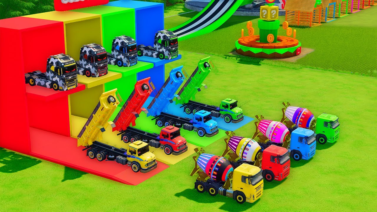 Garage with Colors - ALL MIXER TRUCKS WITH DOUBLE FLATBED TRAILER TRUCK, KENWORTH, PETERBILT, IVECO