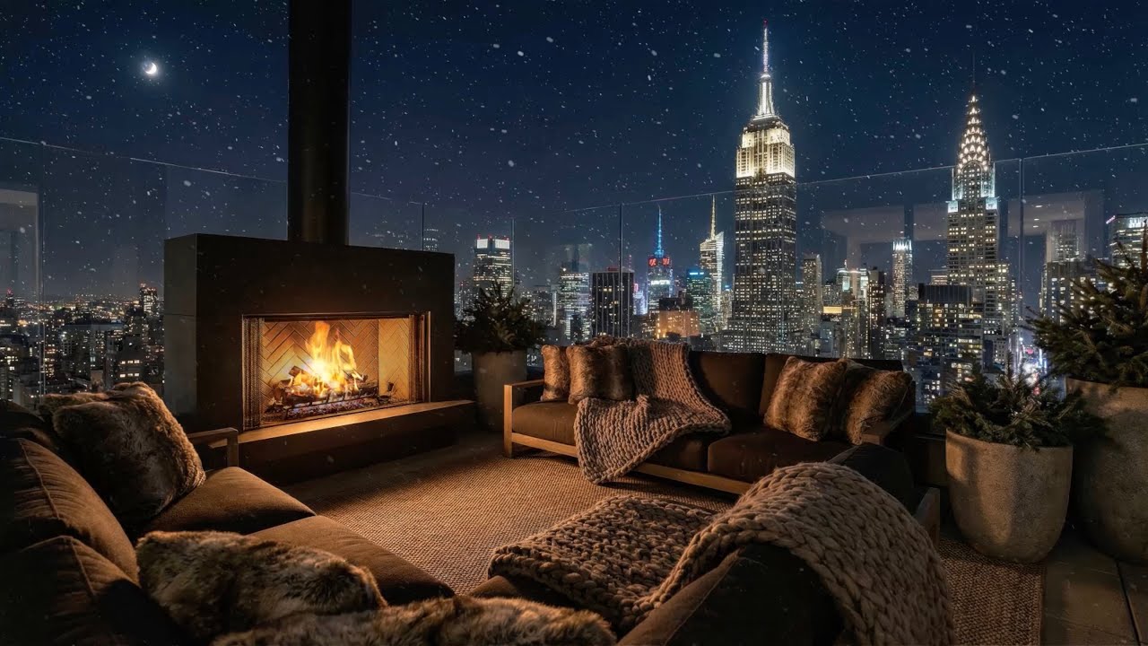 New York City Winter Midnight Cozy Balcony to Sleep, Relax, Focus 😴🌃❄️ (Fireplace Sound)