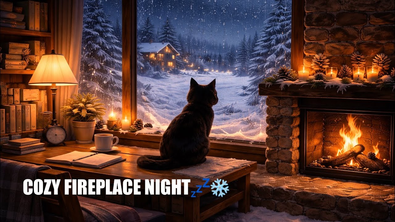 Cozy Fireplace Sounds with a Black Cat | Warm Winter Night Ambience