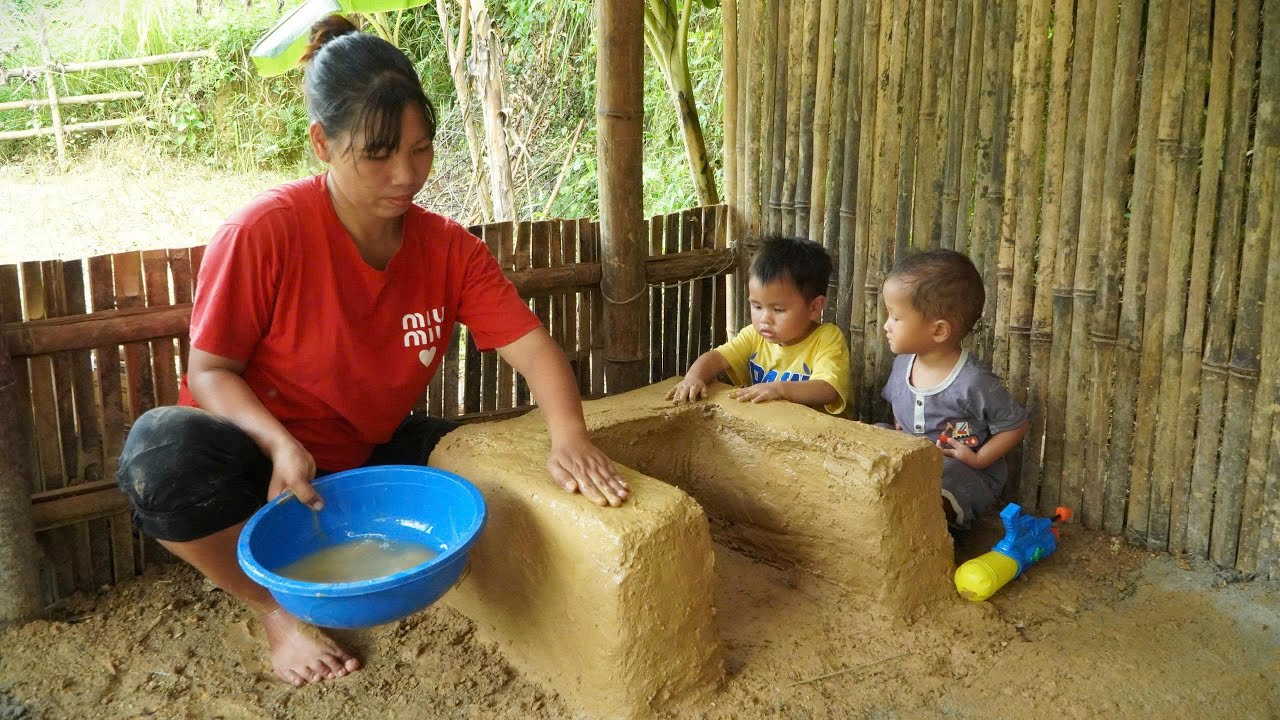 building a wood stove with earth and stones. heavy rain due to storm (Kajiki) single mother's life.