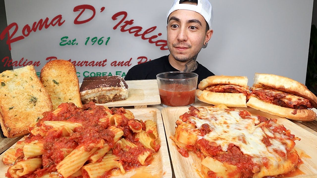 MUKBANG EATING Roma D'Italia Meat Sauce Rigatoni Pasta, Lasagna, Chicken Parmesan Sandwich, Tiramisu